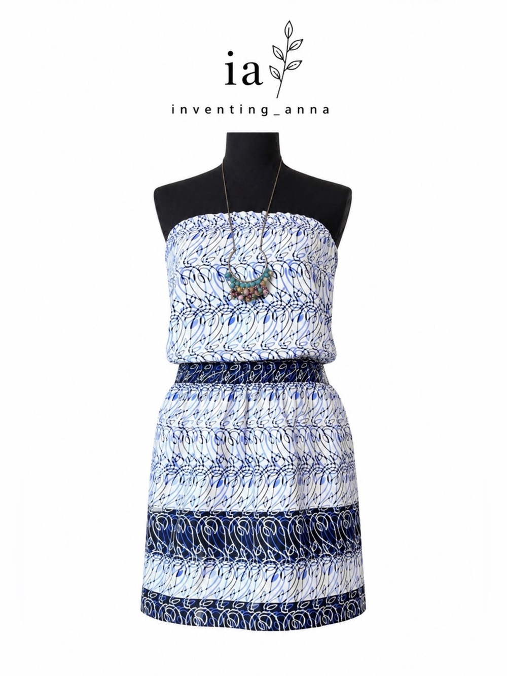 Strapless Dress in array of Blues, White, & Black Abstract Print w/Elastic Waist